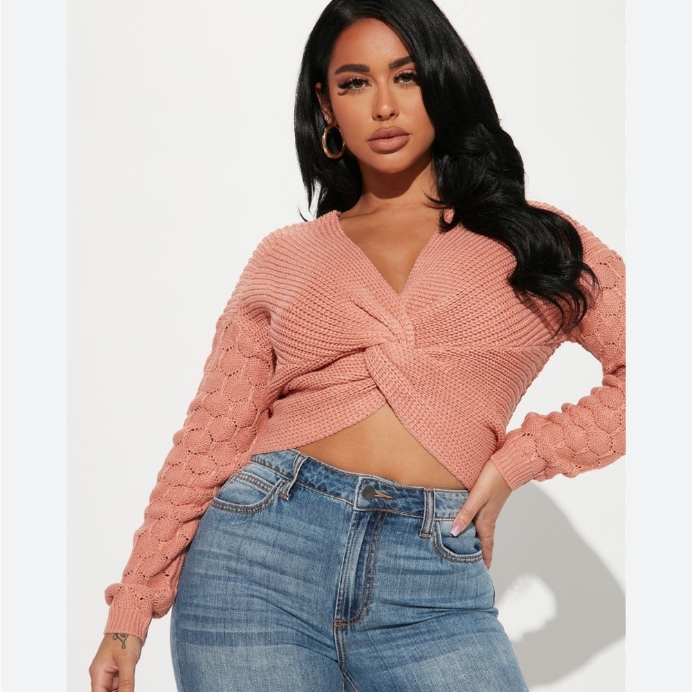 Fashion Nova YRIS Blush Twist Front crop knitted sweater XL V neck - Picture 3 of 13